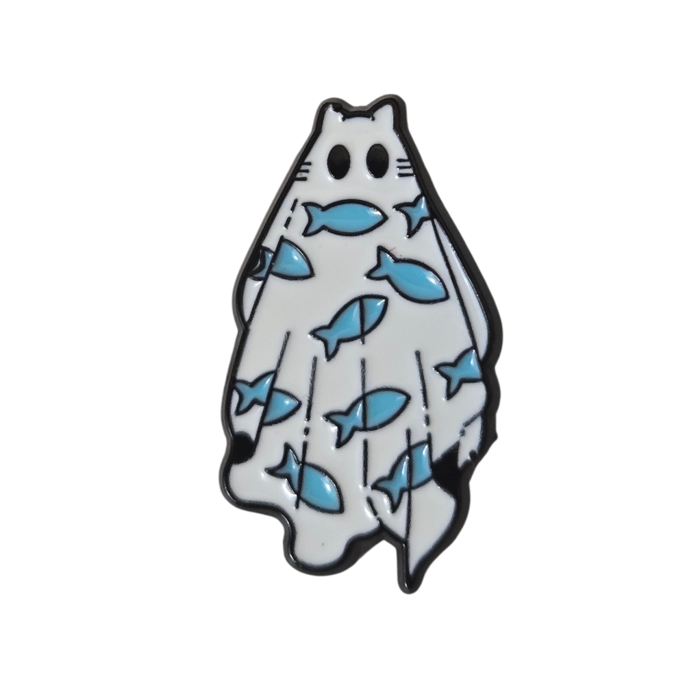 Ghost Cat W/Fish Costume Lapel Pin Enamel NWOT